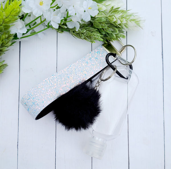 White Glitter Wristlet, Bottle & Pom