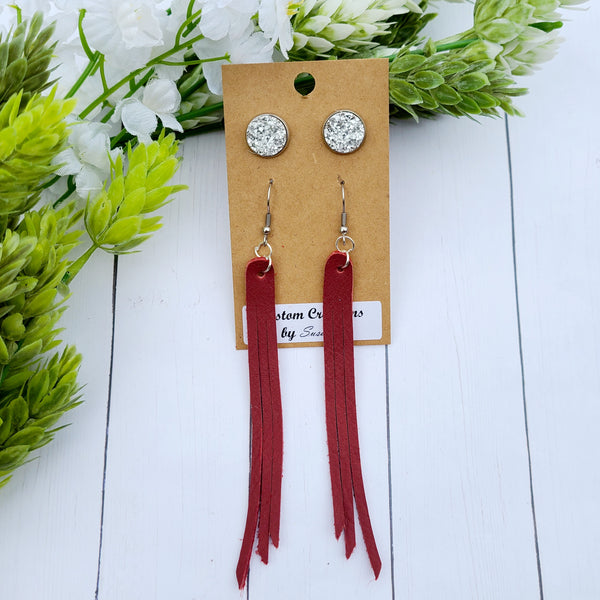 Silver & Maroon Earring Set