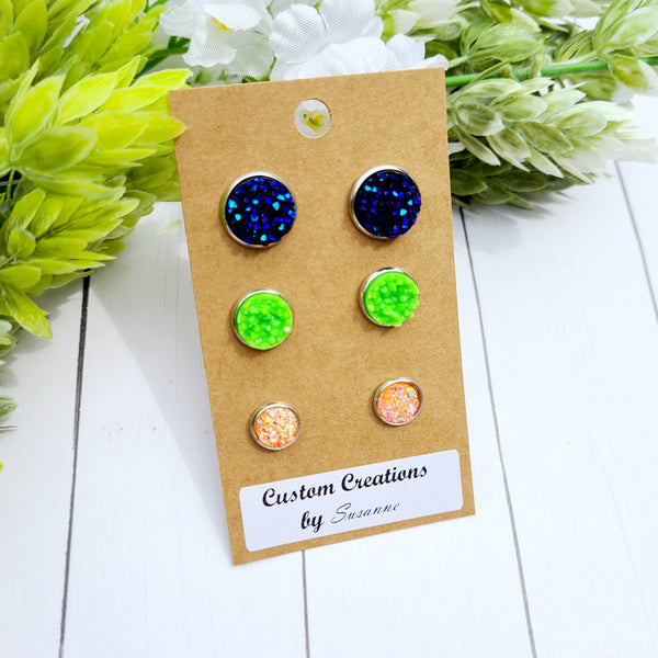 Midnight, Neon Green, Orange Earrings