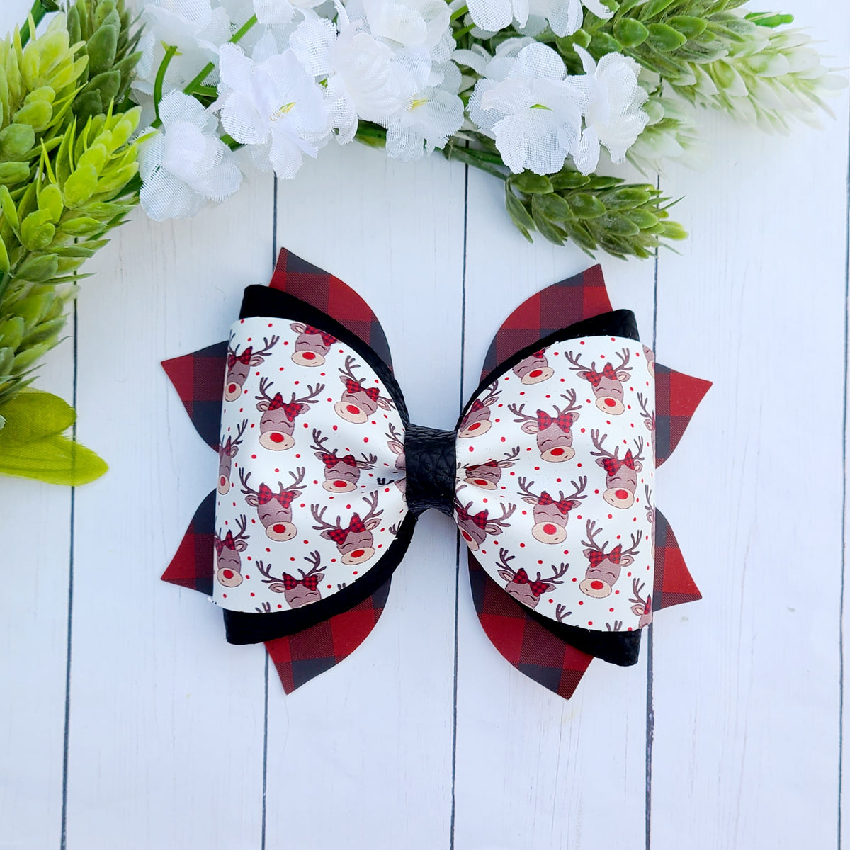 Plaid Reindeer Pinch Bow – Custom Creations by Susanne